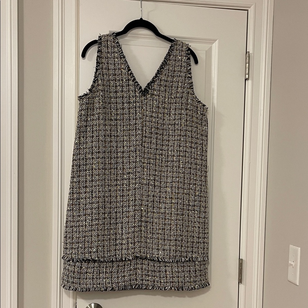 LOFT Petite Black, White and Gold Tweed Mini Dress